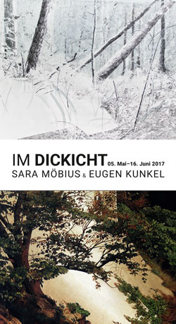 Ausstellung IM DICKICHT mit Zeichnungen und Druckgrafik von Sara Möbius und Malerei von Eugen Kunkel in der Galerie Brennwald Kiel.
